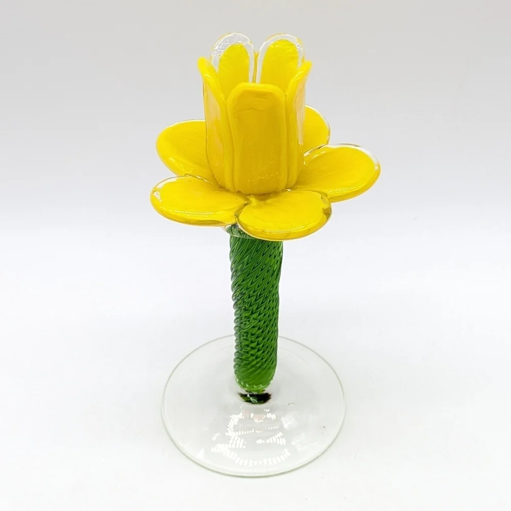 Handblown Yellow Daffodil Green Floral Glass Candlestick Holder